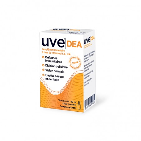UVE DEA complément alimentaire à base de vitamines liposolubles A, D et E. flacon compte-gouttes